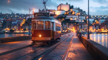 Obraz premium Vintage Tram on City Tracks Against Twilight Sky, Urban Evening Charm