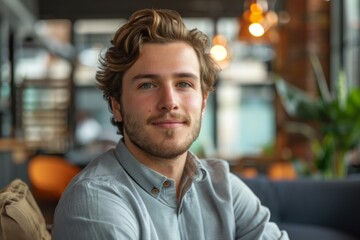 Fototapeta premium Man in blue shirt on couch