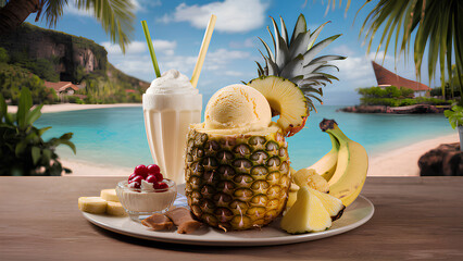 pineapple ice cream scope, tropical cocktail, beach, poster