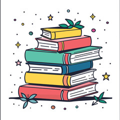 Stacked colorful books, plants adorning, stars dots decoration. Education concept, reading hobby, book collection colorful. Cartoon style, literature themed, vibrant hues, isolated white background