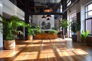 Industrial-style space with wooden floors and abundant plants