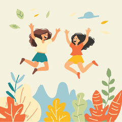 Two young girls joyfully jumping amidst colorful plants leaves. Both girls long hair, one wearing green skirt white top, yellow shorts orange shirt, expressing happiness freedom, cartoon style