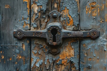 Macro shot of a weathered lock on a wooden entryway - Powered by Adobe