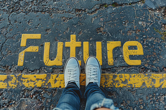 concept for prepared for the future - top view on feet with shoes standing in front of the word future on the street