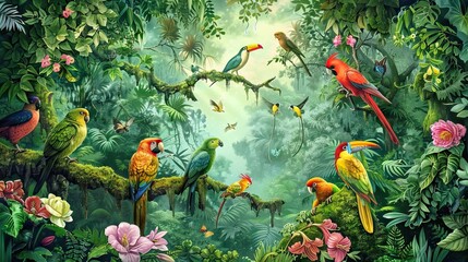 Tropical jungle pattern wallpaper with palm trees plants birds butterflies and animals of paradise on a dark blue background for wall vintage. AI generated illustration