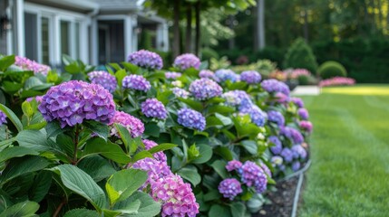 summer private garden with blooming Hydrangea Annabelle