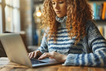 Woman using laptop at table