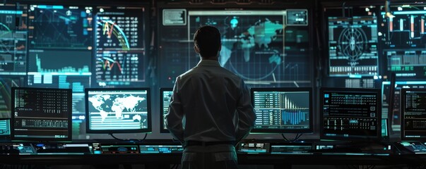 Man Looking at World Map on a Screen in a Futuristic Control Room