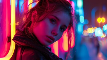 Naklejka premium Neon Glow Portrait Woman in City Lights