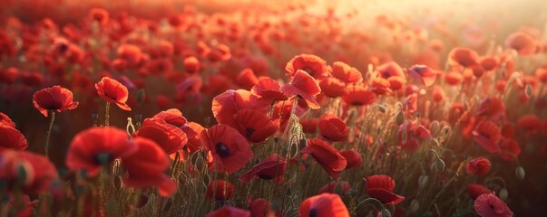 Poppy Field Sunset -  Red Flowers Blooming in Golden Light