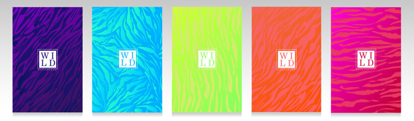 Zebra skin cover set. Tiger skin texture seamless pattern. Colorful striped background trendy collection.