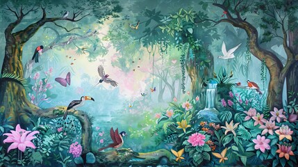 Tropical jungle pattern wallpaper with palm trees plants birds butterflies and animals of paradise on a dark blue background for wall vintage. AI generated illustration