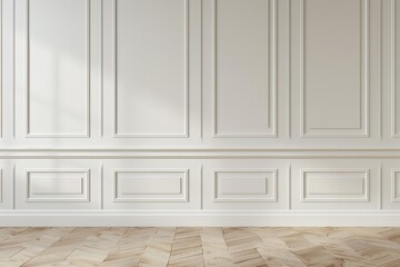 Sophisticated white wall panels with decorative moldings and light wood herringbone floor