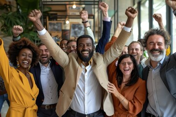 Joyful team raising arms in celebration at workplace