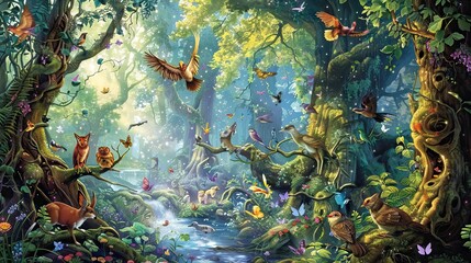 Tropical jungle pattern wallpaper with palm trees plants birds butterflies and animals of paradise on a dark blue background for wall vintage. AI generated illustration