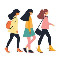 Three young women walking side side casual fashion, woman unique hairstyle, distinct clothing, shades yellow orange, modern street style. Characters stroll confidently, minimalistic background