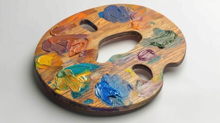 Fototapeta premium Wooden artist's palette with vibrant paints isolated on clean white backgrounds