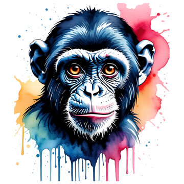 Monkey portrait art in ink, watercolor and paint stains