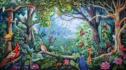 Tropical jungle pattern wallpaper with palm trees plants birds butterflies and animals of paradise on a dark blue background for wall vintage. AI generated illustration