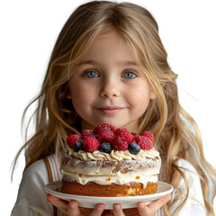 A young girl holding a birthday cake, separated from the background, with the background removed. Concept of birthday celebration. Generative Ai.