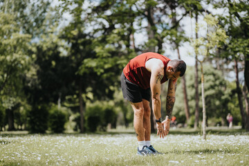 A fit tattooed male athlete stretches his legs in a sunny green park, surrounded by trees and scattered daisies, focusing on his workout.