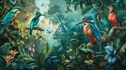 Tropical jungle pattern wallpaper with palm trees plants birds butterflies and animals of paradise on a dark blue background for wall vintage. AI generated illustration