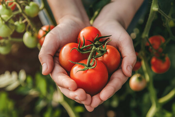 Close-up of hands holding ripe tomato,symbolizing the abundance, quality your orchard offers for future luxury tomato creations, with focus on the hands,highlighting the connection between the grower