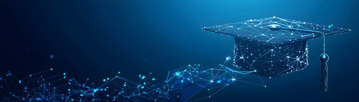 Abstract low poly wireframe of a digital modern education concept with a graduation hat on a blue background. Suitable for educational technology promotions or graduation-related content.