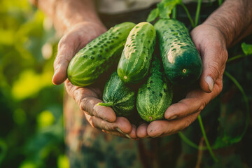 Close-up of hands holding cucumbers, symbolizing the abundance and quality your orchard offers for future luxury cucumber creations, with a focus on the hands. Perfect for promoting premium produce