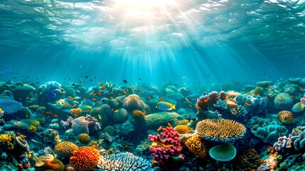 Beautiful underwater coral reef scene with sunlight. Vivid colors and marine life. Ideal for nature and ocean-themed projects. Underwater paradise. AI