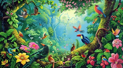 Tropical jungle pattern wallpaper with palm trees plants birds butterflies and animals of paradise on a dark blue background for wall vintage. AI generated illustration