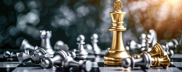 A chess board with a gold king and silver pieces. The king is surrounded by pieces that have fallen, and the board is in a state of disarray