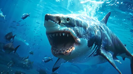 Fototapeta premium A fierce shark swimming in the ocean. Close-up of a sharp-toothed predator. Captivating and intense marine wildlife. Underwater photography style. AI