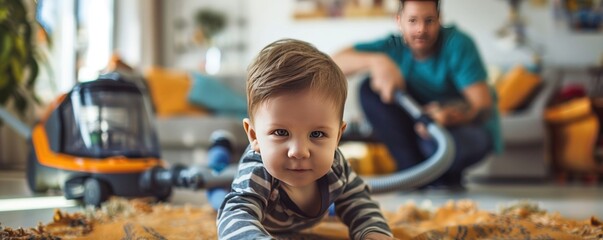 Little boy with vacuum cleaner plug and his father in the background, illustrating a playful and curious moment at home.