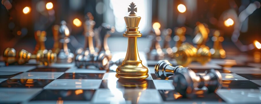 A chess board with a gold king and silver pieces. The king is surrounded by pieces that have fallen, and the board is in a state of disarray