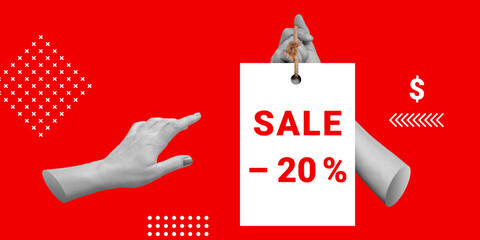 Sale, 20 per cent discount concept. Hand points in direction of hand with SALE -20 percentage sign....