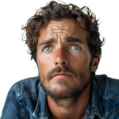 A man's look of confusion, extracted from the backdrop, isolated with no background. Concept of perplexity. Generative Ai.