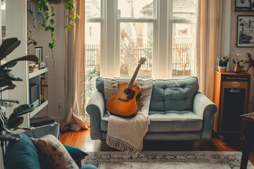 Acoustic guitar sits on a blue couch in a cozy living room, bathed in natural light - Powered by Adobe