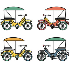 Set four colorful rickshaw illustrations, different color scheme. Traditional Asian transport vehicles represented simplified style. Simple line rickshaws green, orange, yellow, blue