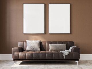 Living room interior  with three big white empty frames, 3d illustration.