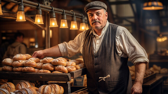 Baker with bread in a bakery