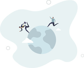 businessman compete by running away and catch each other on the world, planet earth.flat vector illustration.