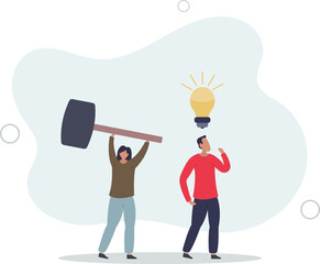 businessman got new idea lightbulb but being hit and destroy by colleague behind.flat vector illustration.