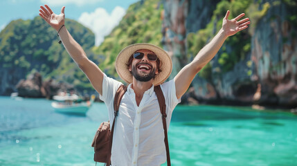 young man wearing hat enjoying travel and adenture at a exotic beach and cheering