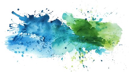 Abstract splash of blue and green paint watercolor on white background