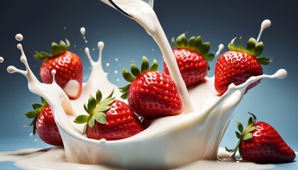 creative food concept with strawberries splashing into milk,Strawberry fall  down in milk, digital illustration created with generative ai.