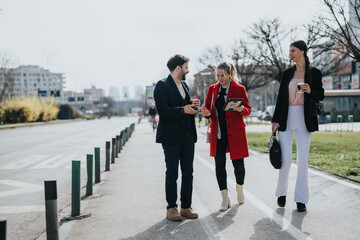 Obraz premium A group of three business professionals engage in a discussion while walking down a sunny city street, holding coffee and devices.