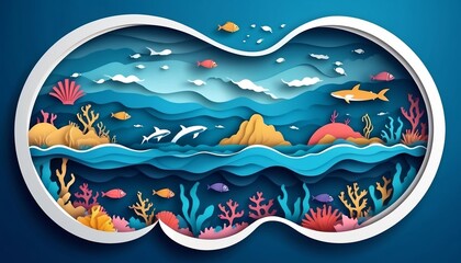 Poster campaign of world ocean day and scene of under the sea and ocean in a global shape with layers paper cut style and vector design, digital illustration created with generative ai.