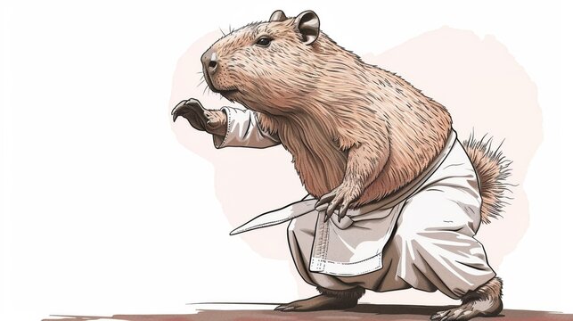 Capybaras stand upright on their hind legs in traditional karate fighting poses.