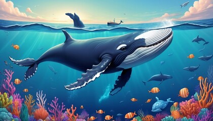 Naklejka premium Whale swimming happily in ocean, surrounded by ocean life, digital illustration created with generative ai.